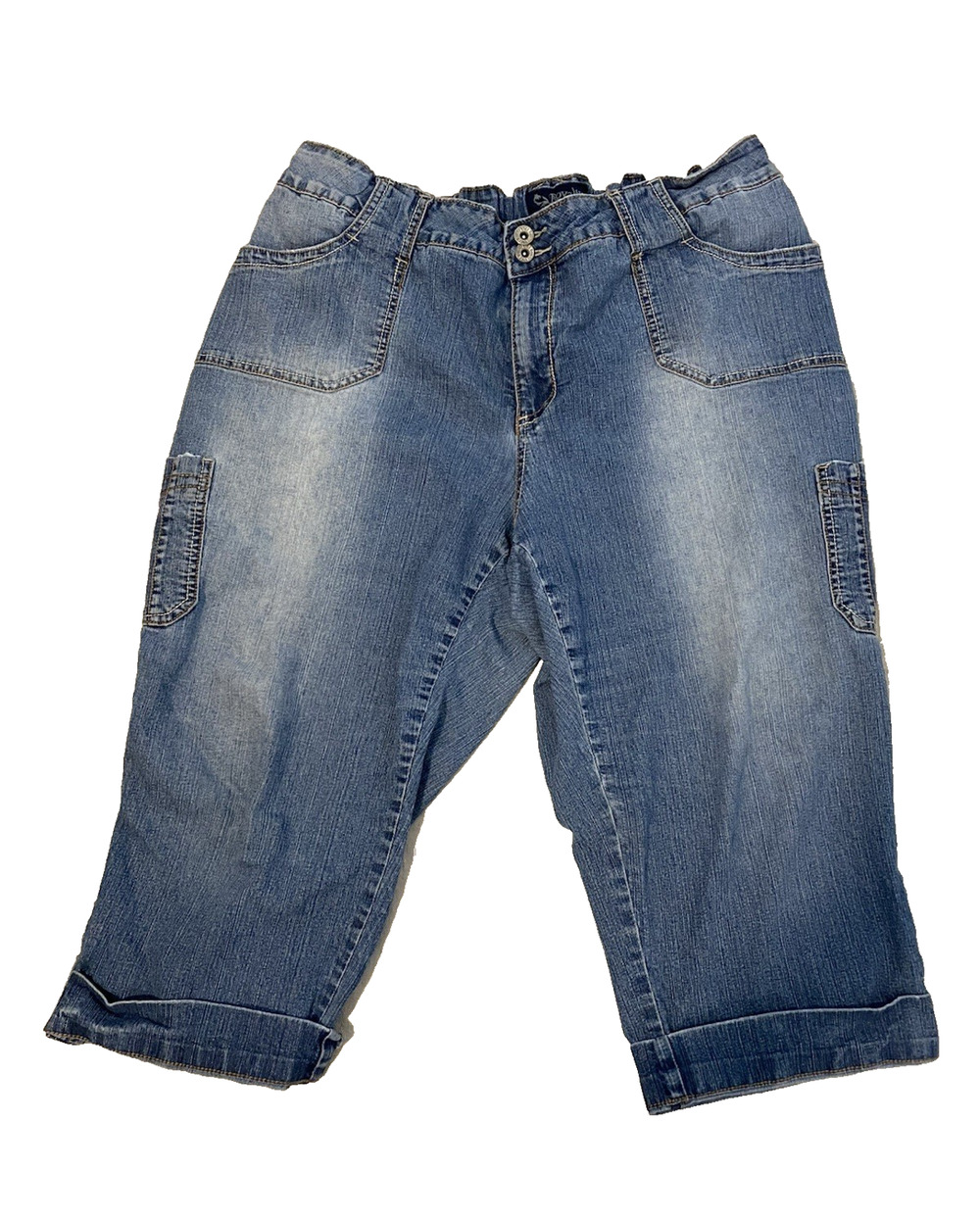 Royalty Womens Denim Cuffed Cargo Capri Jeans Size 24W Medium Wash Elastic Waist